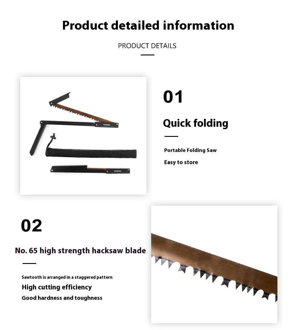 Black foldable outdoor survival saw with aluminium frame in open and closed positions.