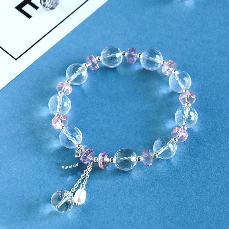 White crystal women's bracelet with lucky cat charm and adjustable electroplated design