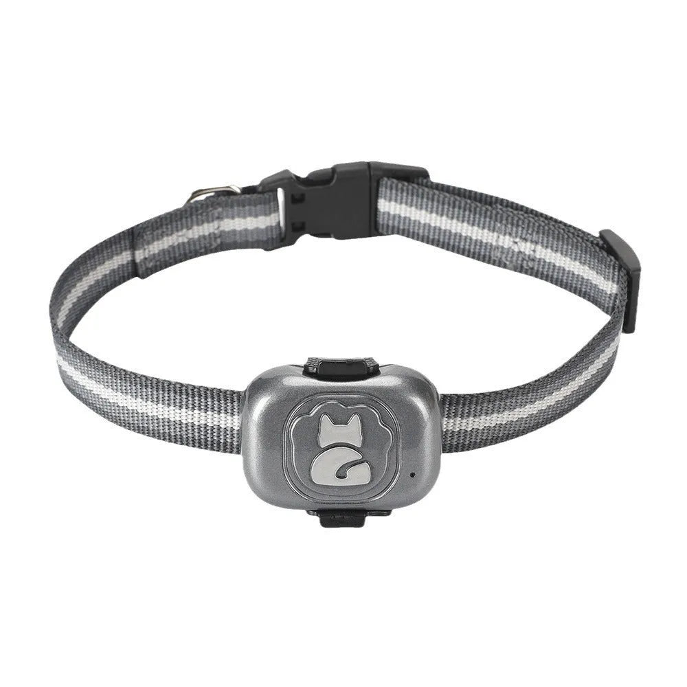 Black GF-07 pet GPS locator with hanging rope attached, shown next to a data cable on a white background