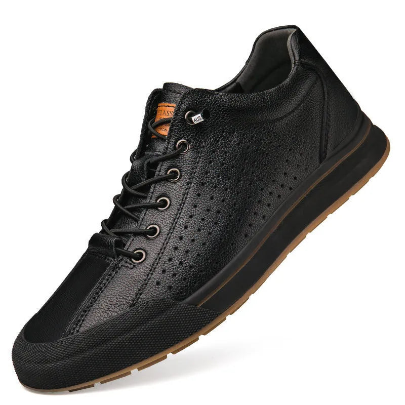 Men's white breathable shoes with round toe and flat 6CM heel, made of matte leather.