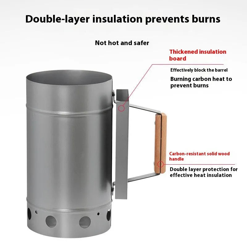 Zinc-iron alloy outdoor charcoal burner in carbon bucket style with an oven igniter.