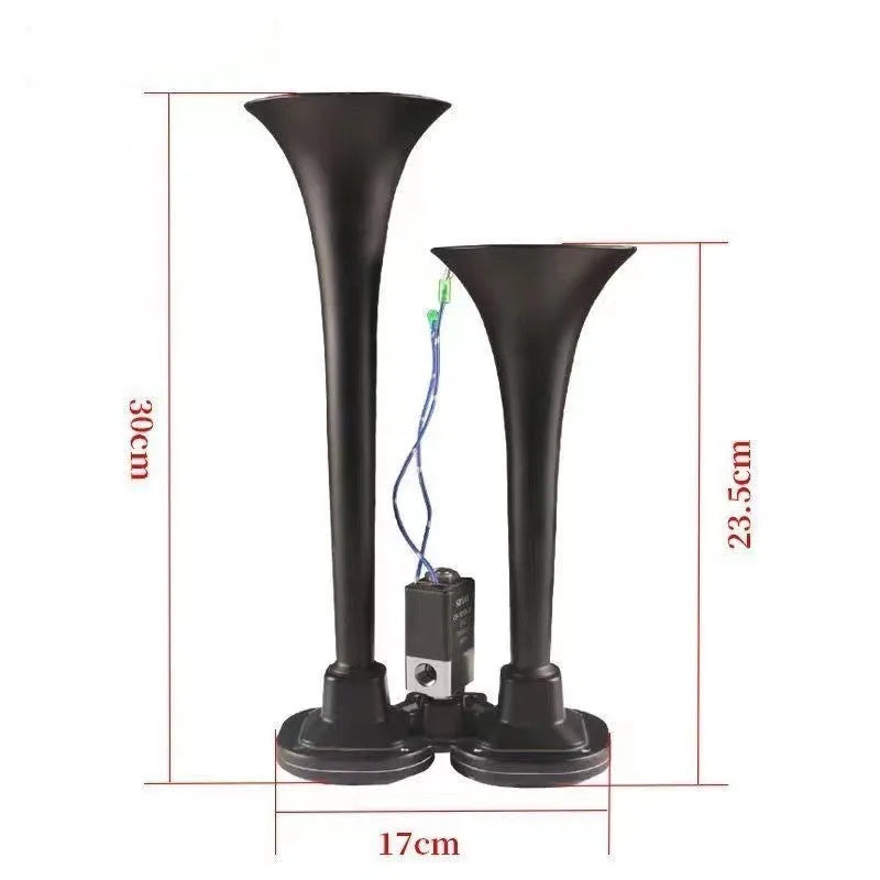 Black dual trumpet super loud 300DB air horn for 12V and 24V vehicles.