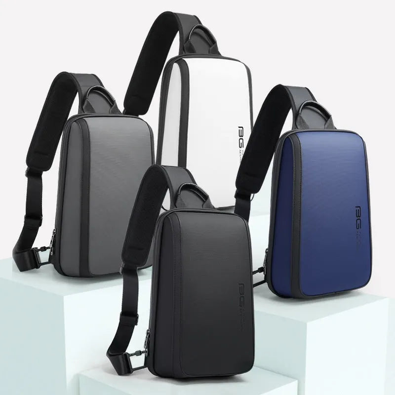 Blue men's oxford cloth chest bag with shoulder straps and a soft handle, showing front view.