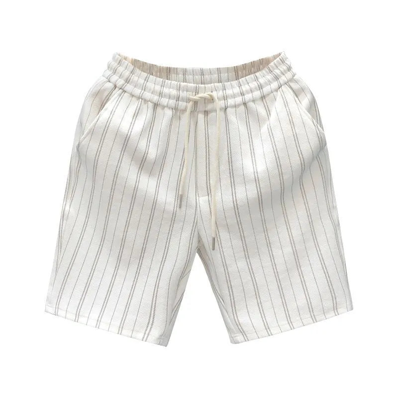 Man wearing black and white striped casual shorts with an elastic waistband and banded ankles.