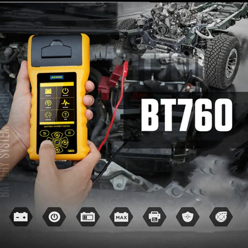 Autool BT760 colour screen vehicle battery tester with test clips and printed diagnostic receipt.