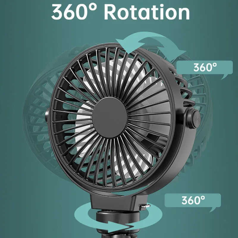 Black flexible tripod clip fan showing 360-degree rotation and adjustable legs with 2000mAh battery capacity
