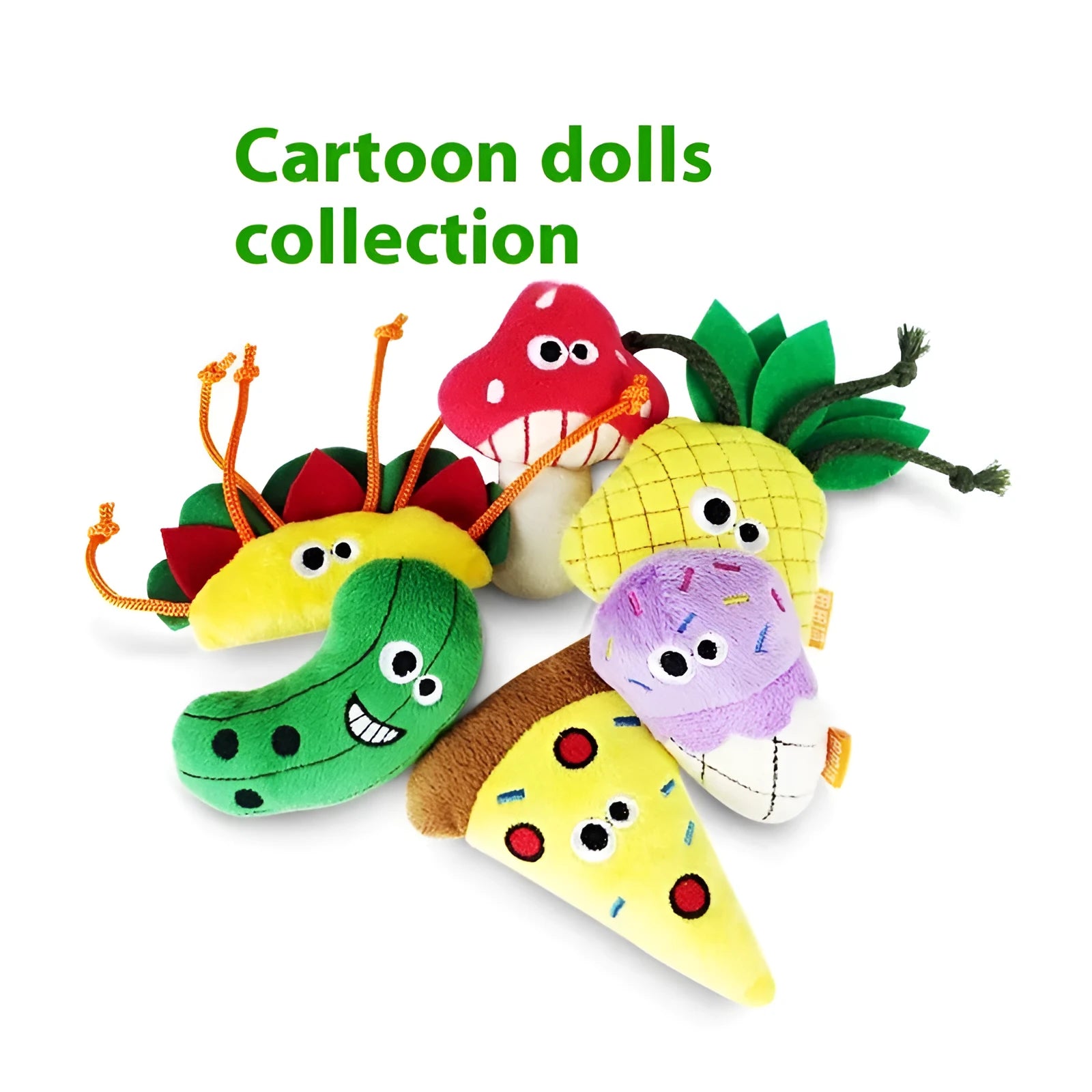 Catnip plush pillow with six Polygonum multiflorum wood chew shapes including burrito, cone and pizza