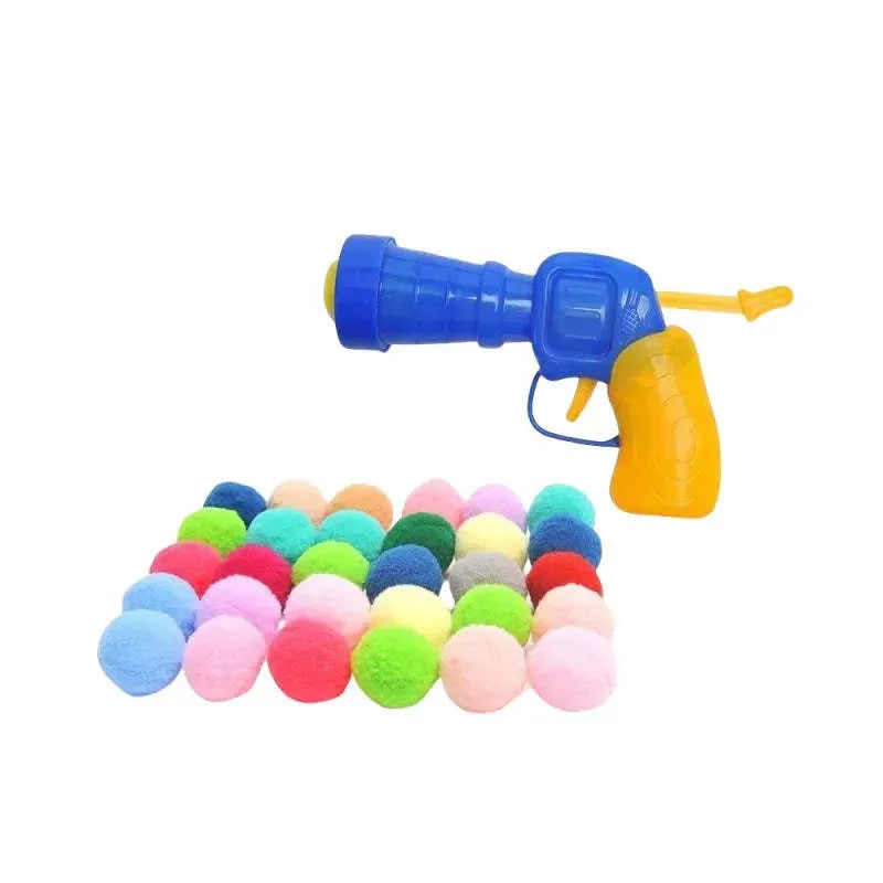 Plush pet toy ball shooter gun with multiple 3cm yarn balls for interactive cat and dog play