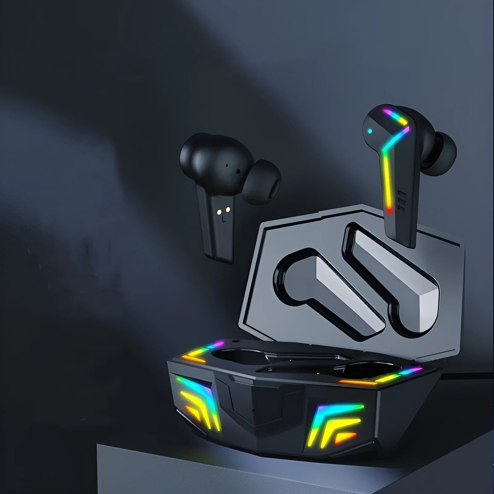 Black wireless TWS Bluetooth earbuds for sports and gaming with 15-metre range.