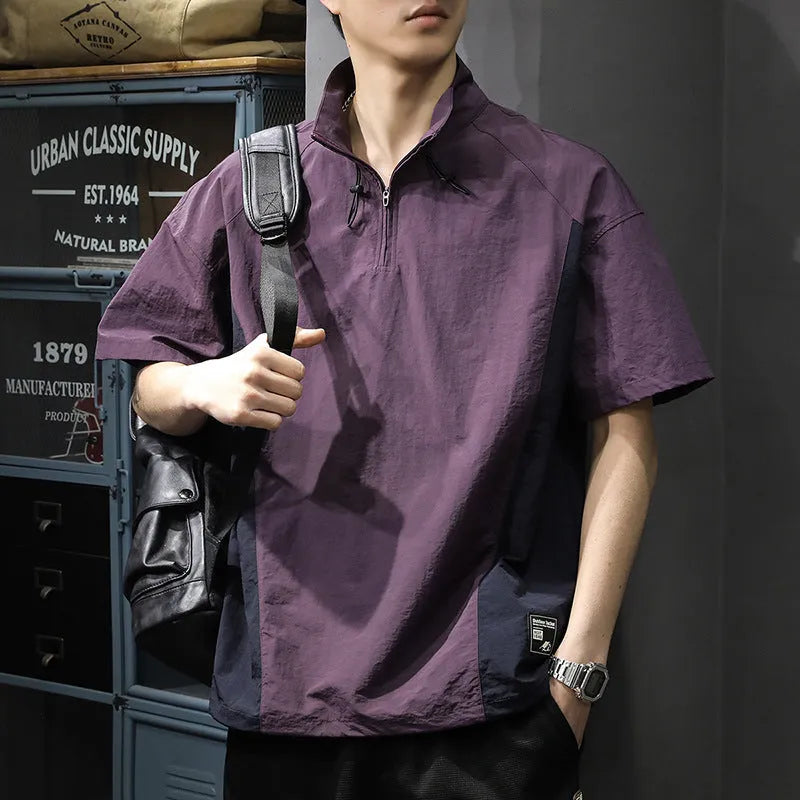 Man wearing a brown half-zip stand collar casual shirt made from ice silk fabric.
