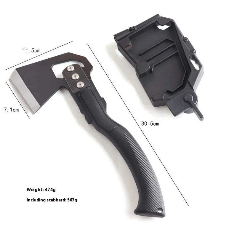 Multi-functional camping axe with stainless steel head and black ABS plastic handle
