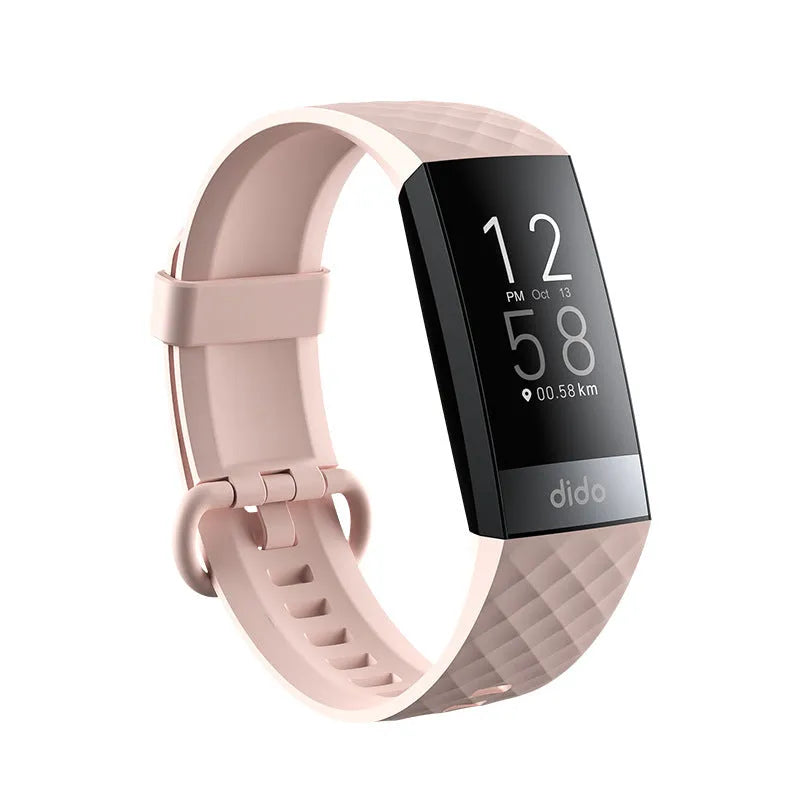 Smart bracelet on wrist showing blood pressure and ECG monitoring on its 1.1-inch screen.