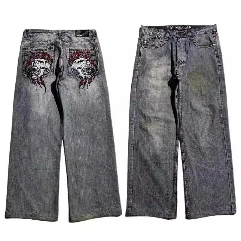 Men's grey washed-out straight-leg jeans with wide-leg workwear design