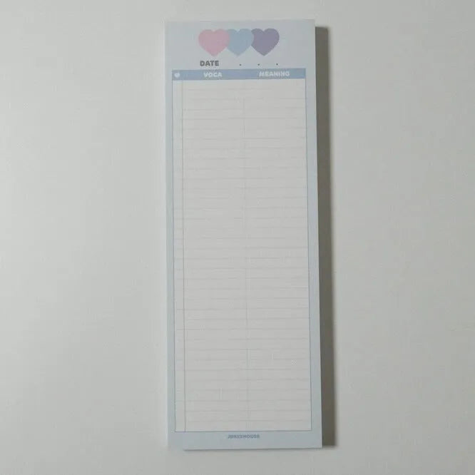 Half-B5 size notepad with English words, shown in pink, purple, and blue cover colour options.