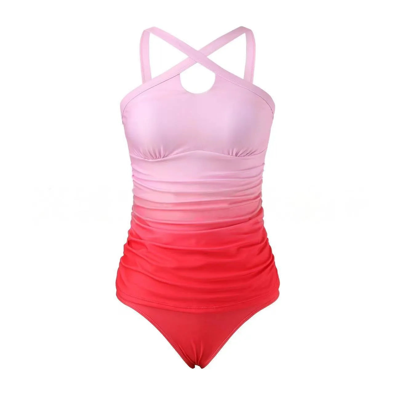 Gradient blue cross strap backless heap pleated polyester swimsuit for women swimming and wading