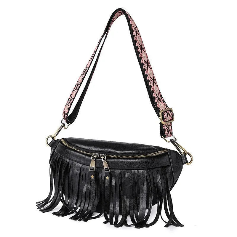 European retro messenger bag with tassel pleating in macaron grey colour showing organisational compartments