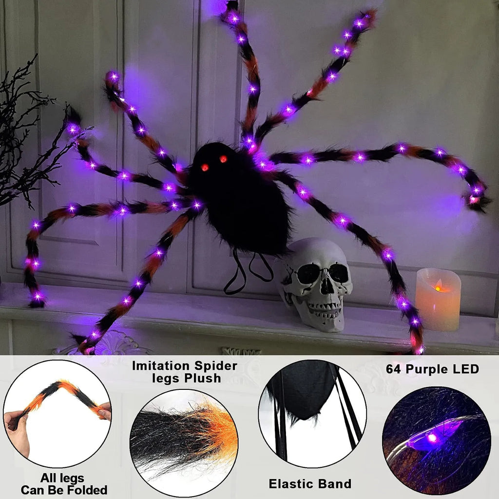 Halloween spider backpack with LED lights in plush sugar bag design showing colour options