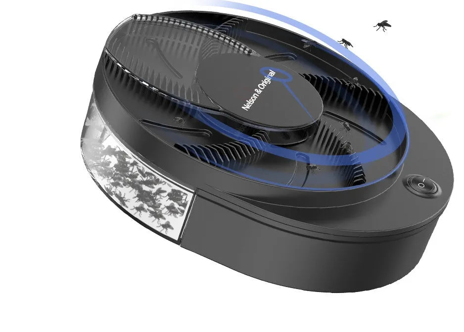 Black and white electric fly trap with USB cable and bait, showing the fly cage.