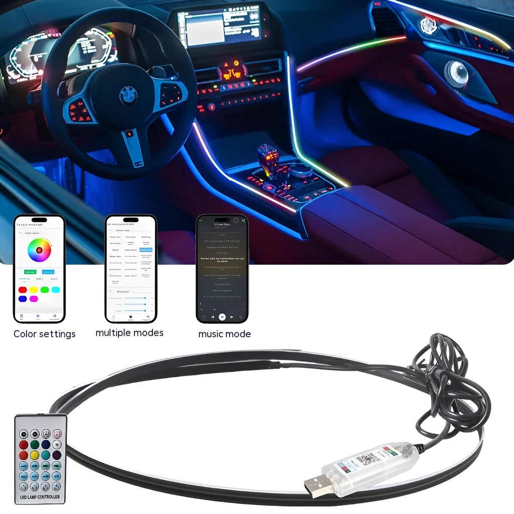 Car interior with colour-changing LED ambient lighting strip installed along dashboard