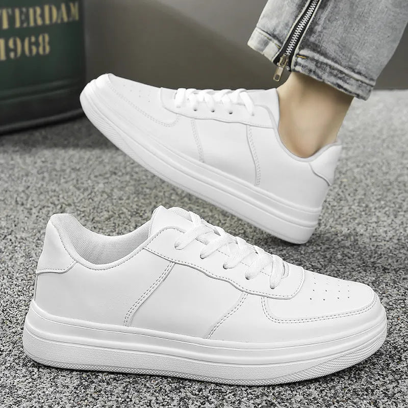 Men's plus size platform board shoes with leather upper, low top, flat heel, available in black