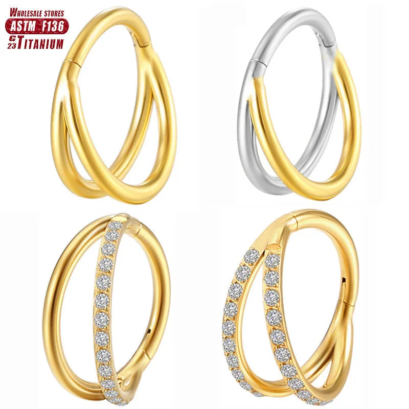 F136 titanium alloy nose ring stud shown in silver, gold, black and rose gold finishes.