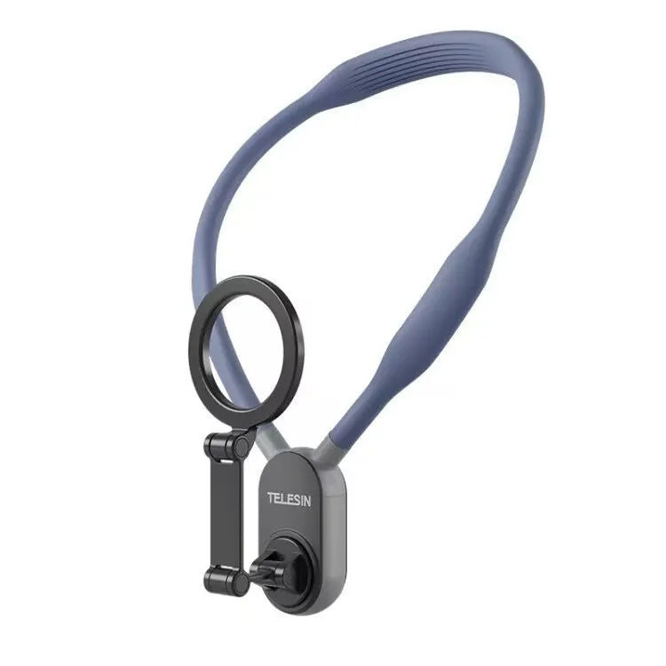 Gray silicone magnetic phone neck mount showing mobile phone attached with safety rope and aluminium strip construction