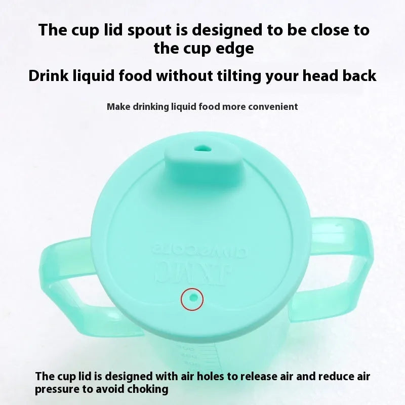 White PP plastic oblique mouth drinking cup with handle and lid for adult bedside use.