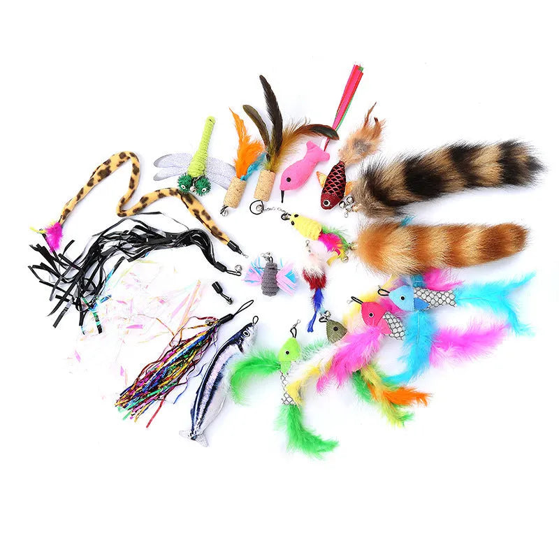 Cat feather teaser wand with telescopic fishing rod and interchangeable feather attachments