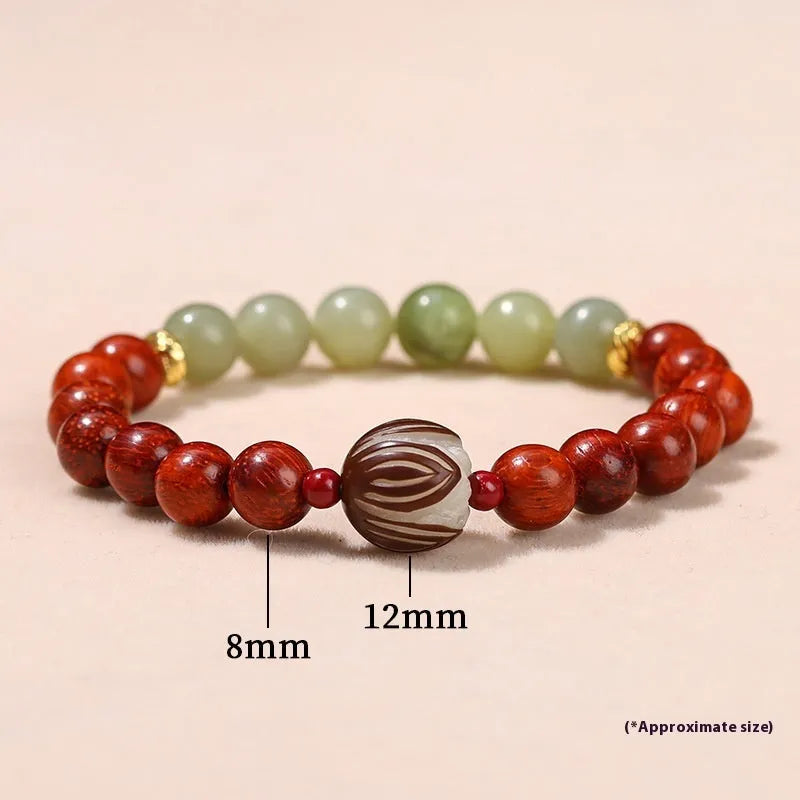 Red rosewood and gray jade Bodhi lotus bracelet with geometric round beads