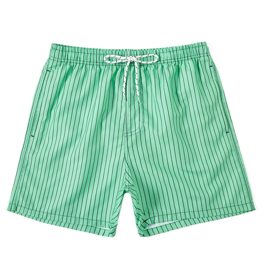 Polyester fibre striped beach shorts with triangle lining in navy blue, straight leg opening