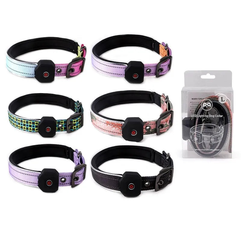 Blue and green plaid LED luminous reflective dog collar with USB charging capability