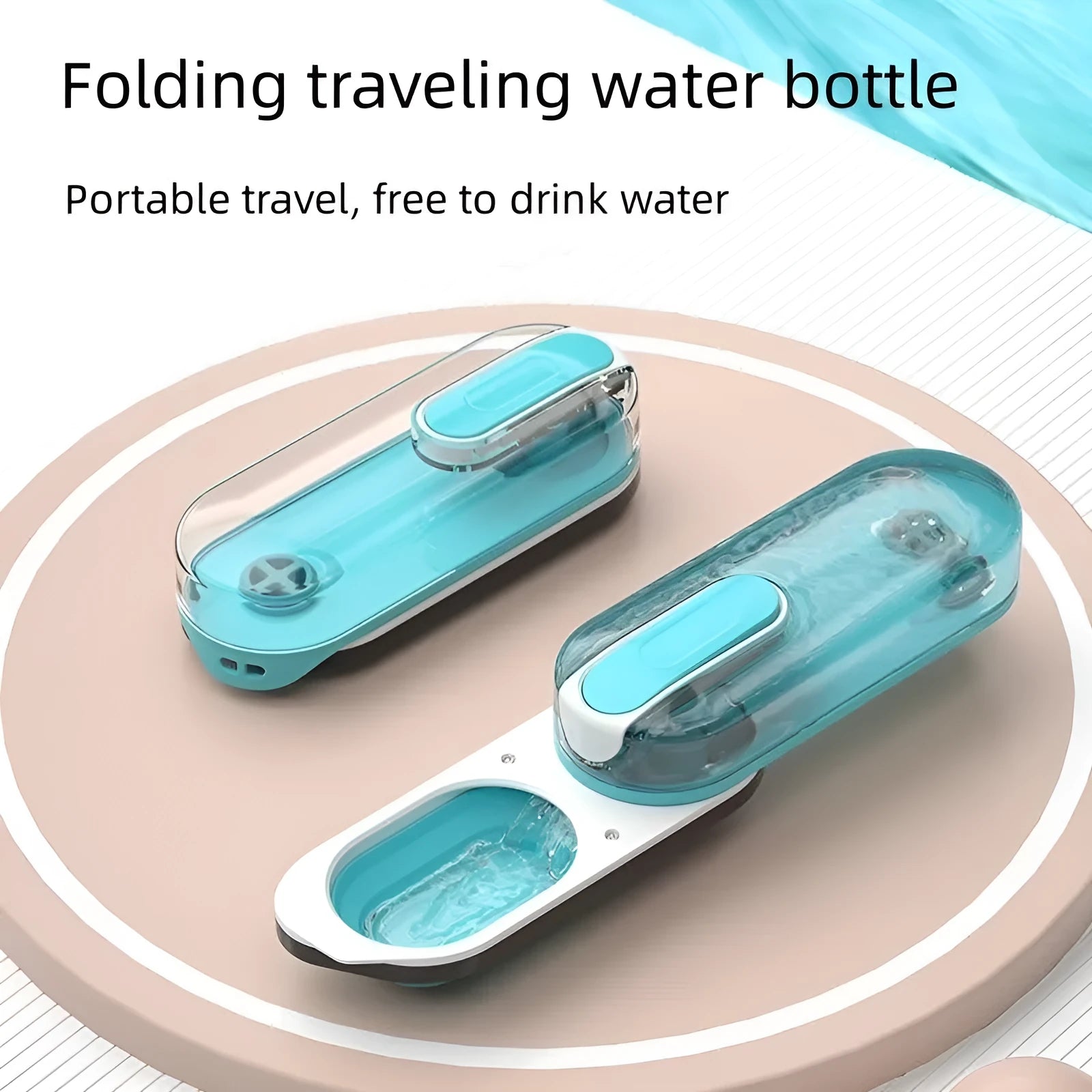 Blue foldable portable dog water bottle with attached drinking bowl for outdoor use.