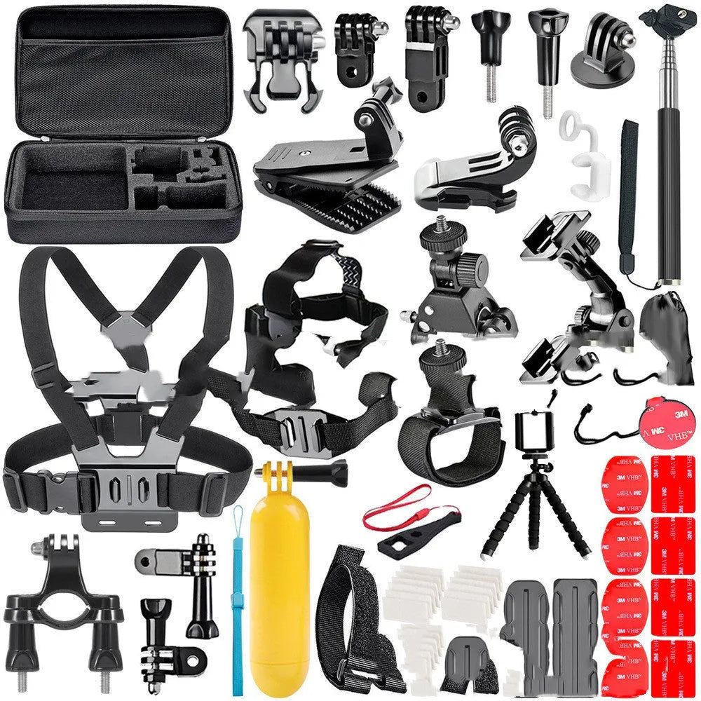 Black GoPro accessories set with chest strap mount and tripod mount for Hero 4 3 2 cameras