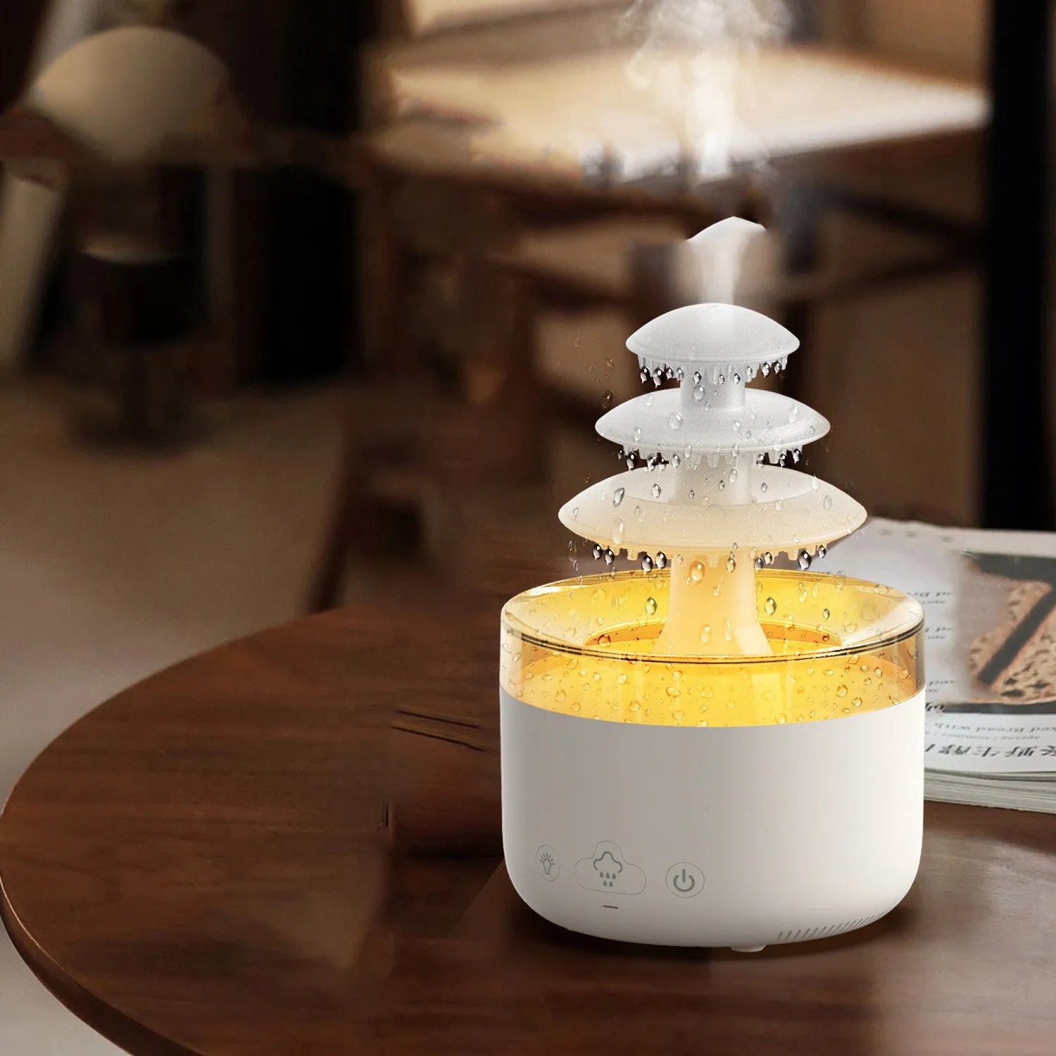 White Cloud Rain USB air humidifier and essential oil diffuser with colourful LED lights on