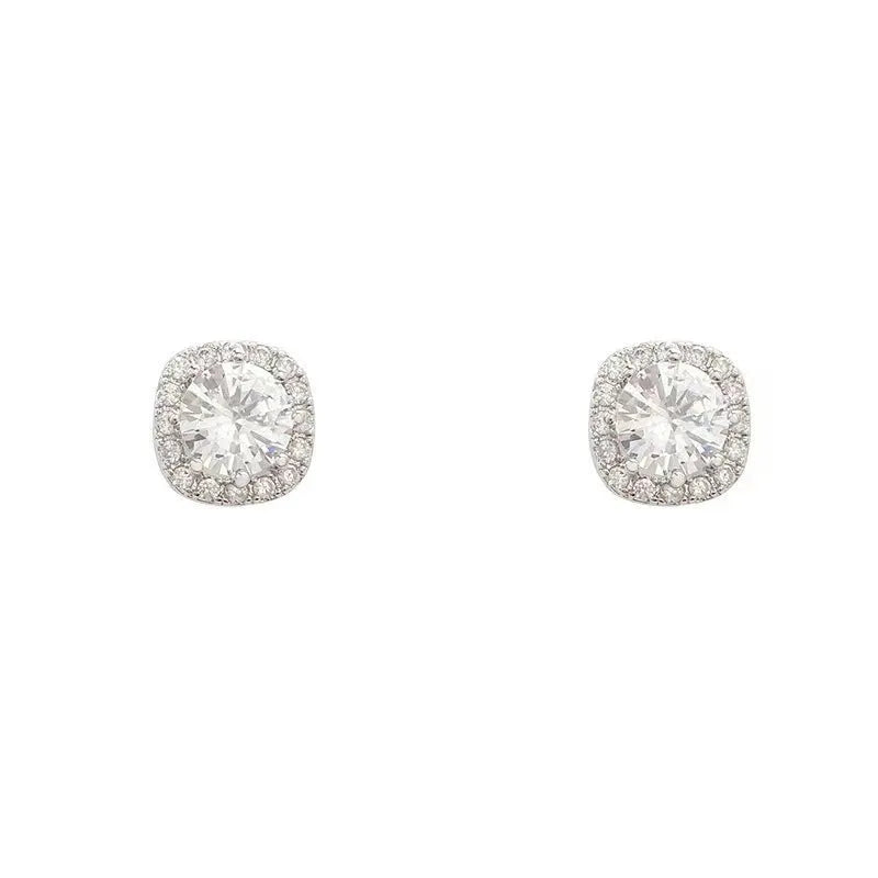 Square geometric diamond earrings for women in silver and gold colour options.