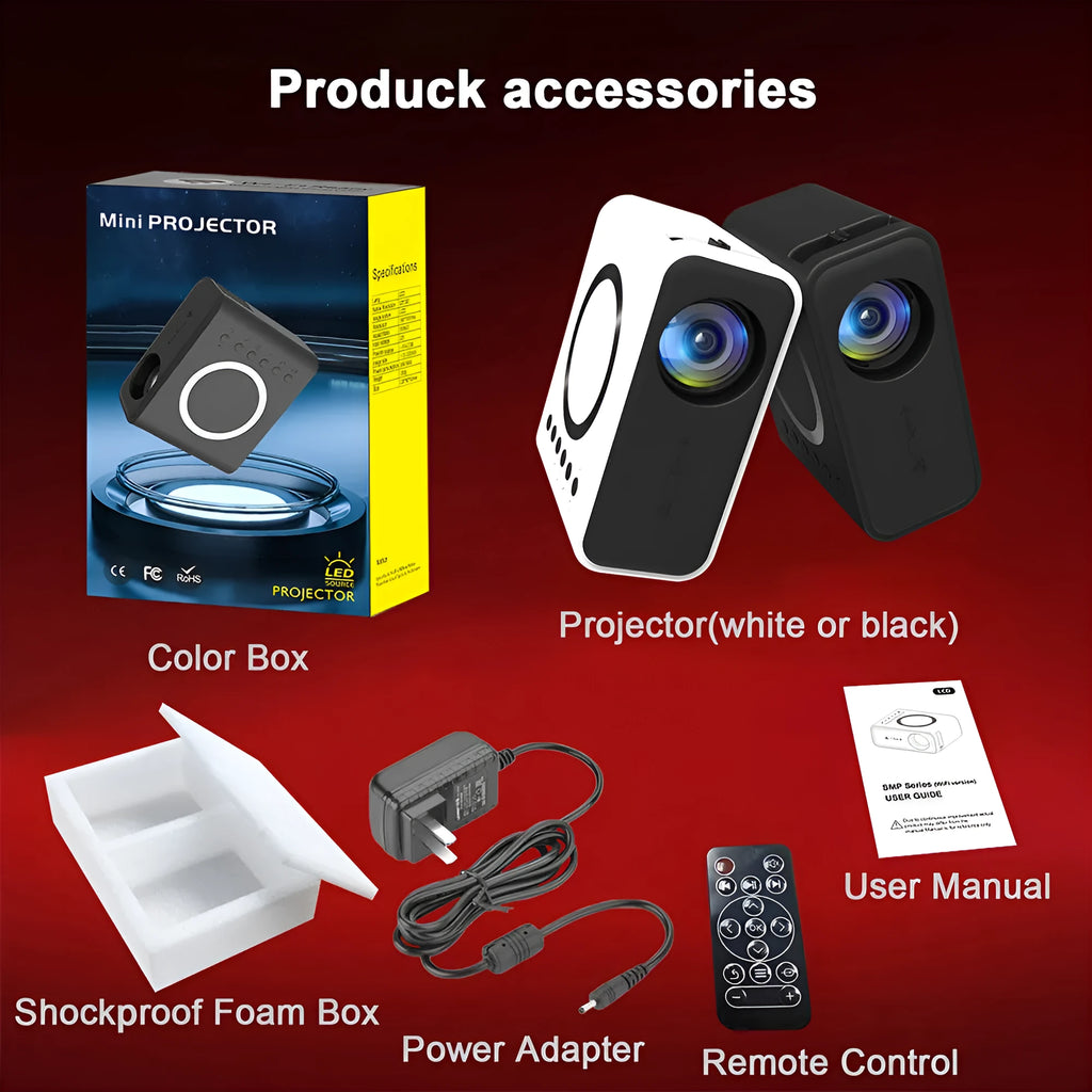 Black YT300 portable mini projector with remote control on a table.