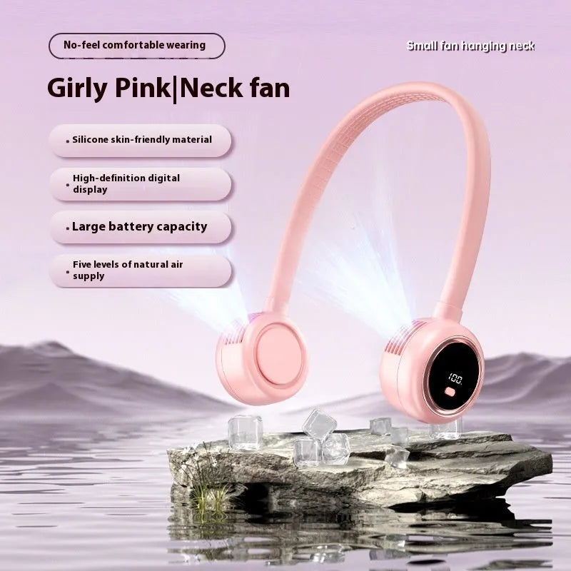 Bladeless halter fan in Glacier White with digital display showing fan speed, USB rechargeable, 229x240x64 mm