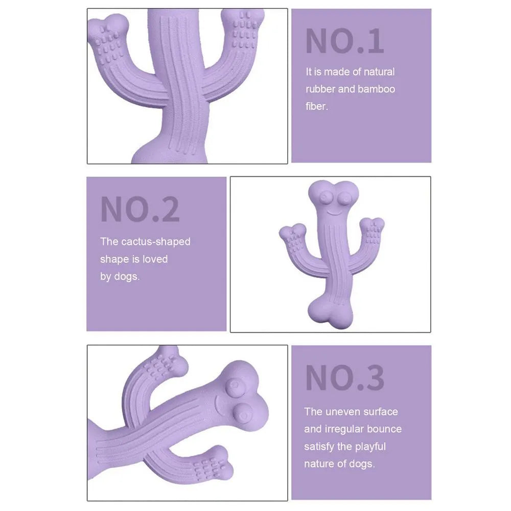 Beige, blue, or purple cactus-shaped dog chew toy made from bamboo fibre and rubber.