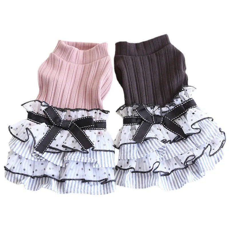 Polka dot lace cake dress pet clothing in Taro purple, shown in Princess style for dogs or cats.