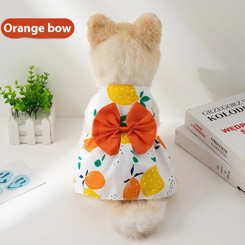 Lightweight floral butterfly princess dress for dog or cat with a decorative bow on the chest.