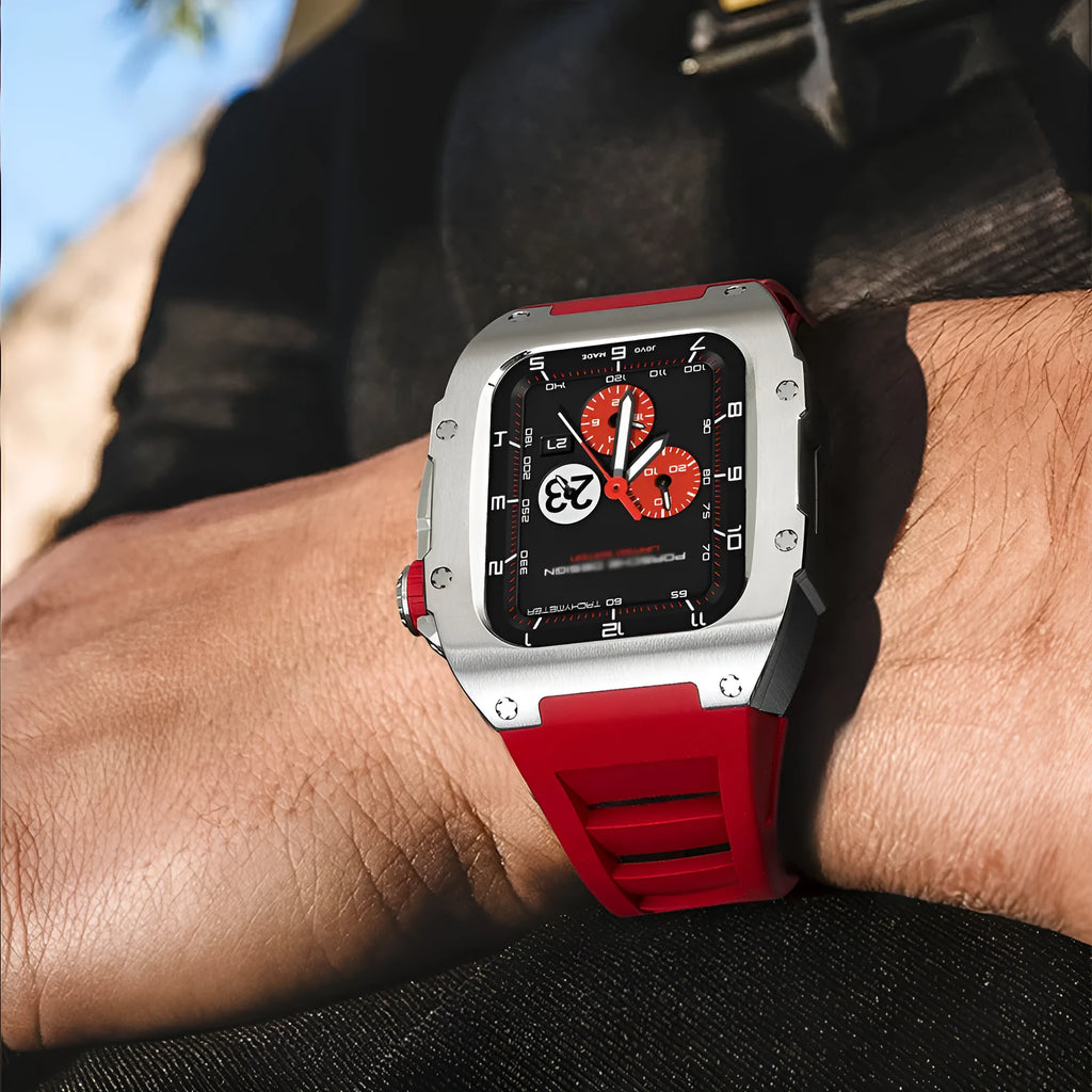 Stainless steel protective case strap with black fluororubber band and rose gold frame for Apple Watch 44mm