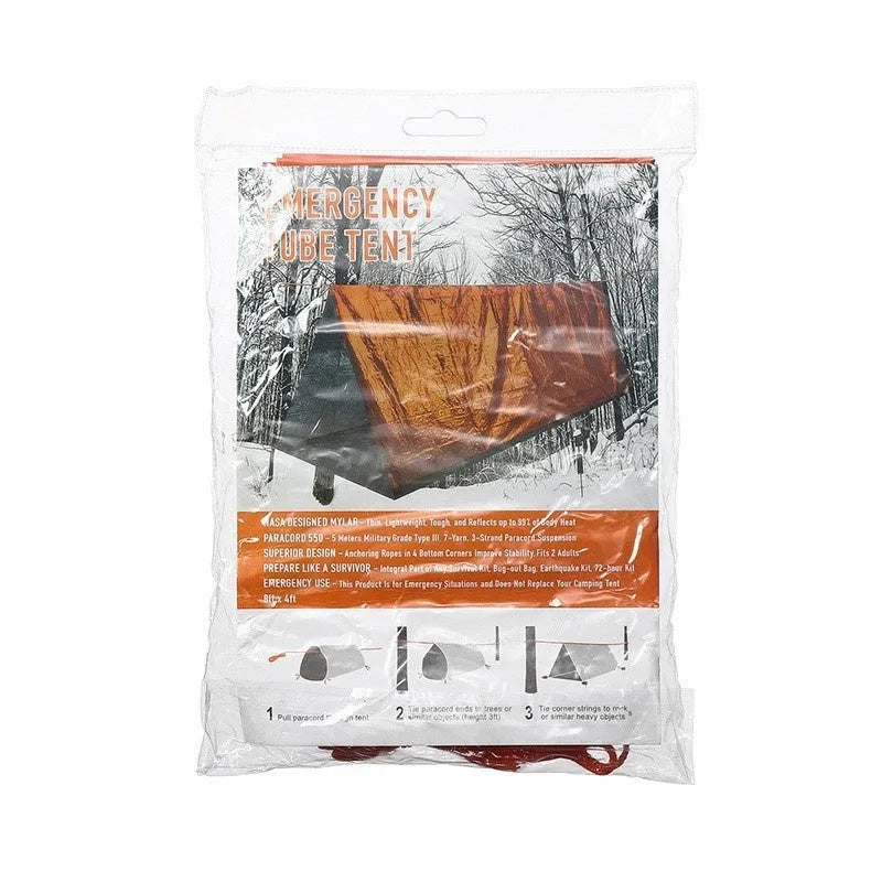 Orange and green portable disaster relief tent with sleeping bag and emergency blanket set.
