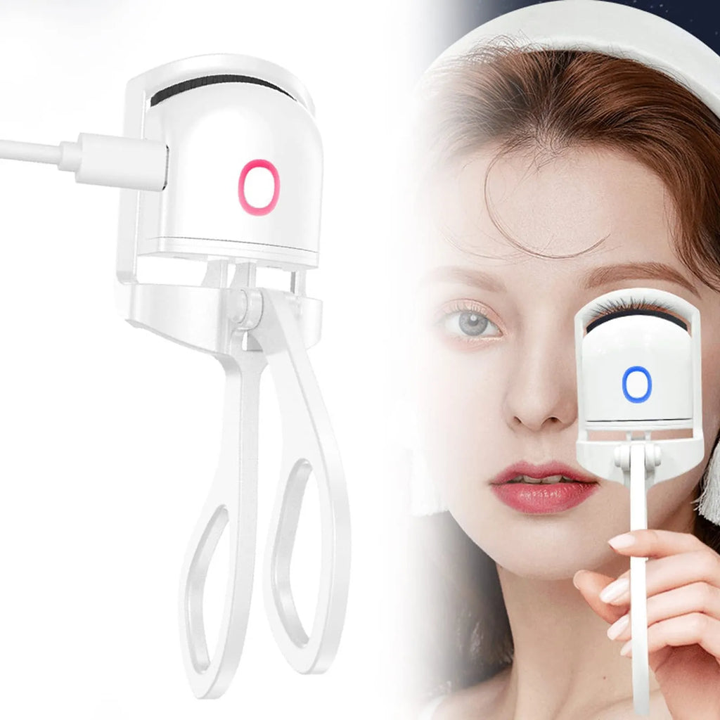 White USB rechargeable heated eyelash curler with dual temperature buttons and compact design.