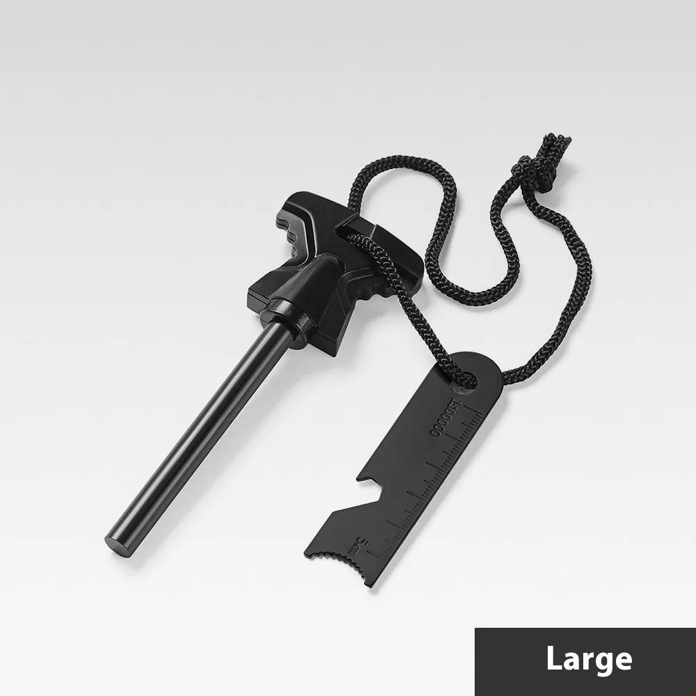 Butterfly-shaped stainless steel survival tool with firesteel, blade, and bottle opener.