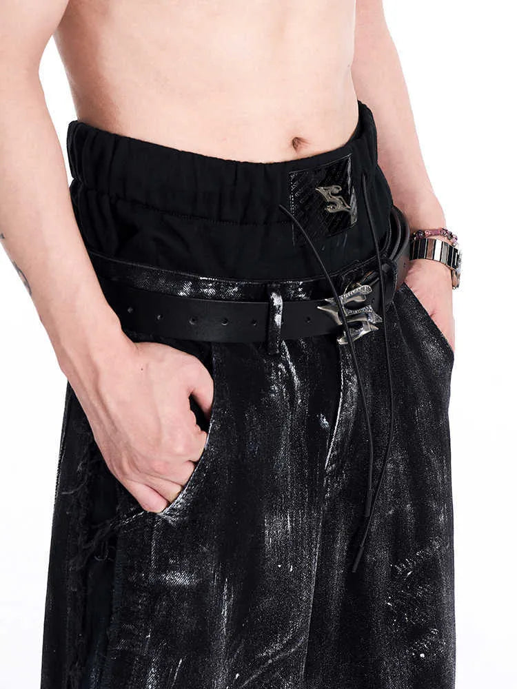 Black men's leather belt with a metal letter buckle showing 110cm length