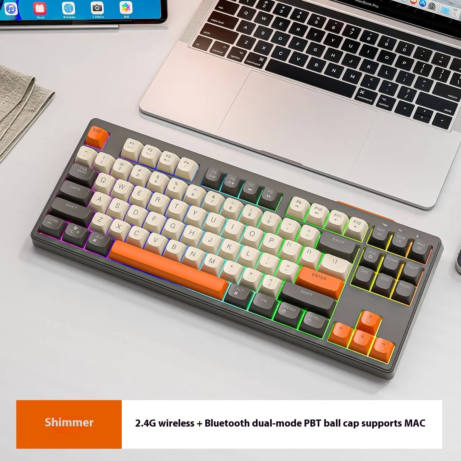 Free Wolf M87 wireless Bluetooth dual-mode keyboard in blueberry, cheese, coffee, and shimmer colour options