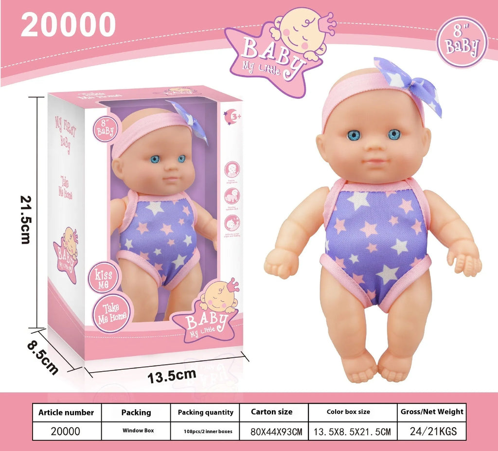 A 21.5cm tall simulation baby vinyl figurine doll on display, showing detailed sculpting.