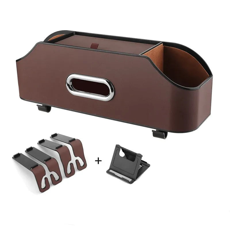 Genuine leather car tissue box holder with cup holder, shown in beige colour.