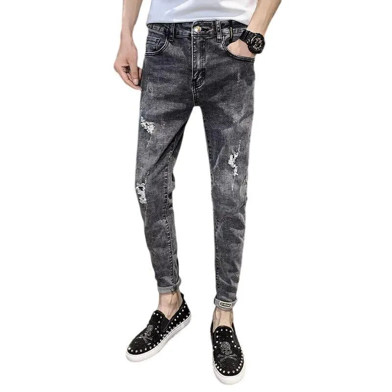 Men's high waist cotton jeans with button fly and tapered leg in picture colour