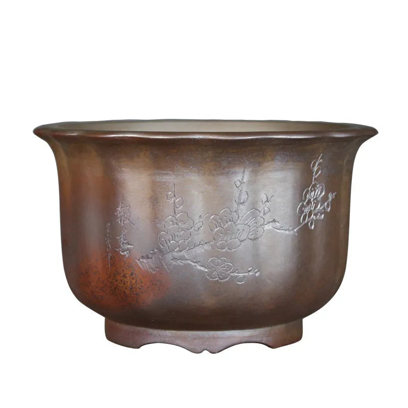 Antique carved classical ceramic flower pot in purple sand clay for bonsai
